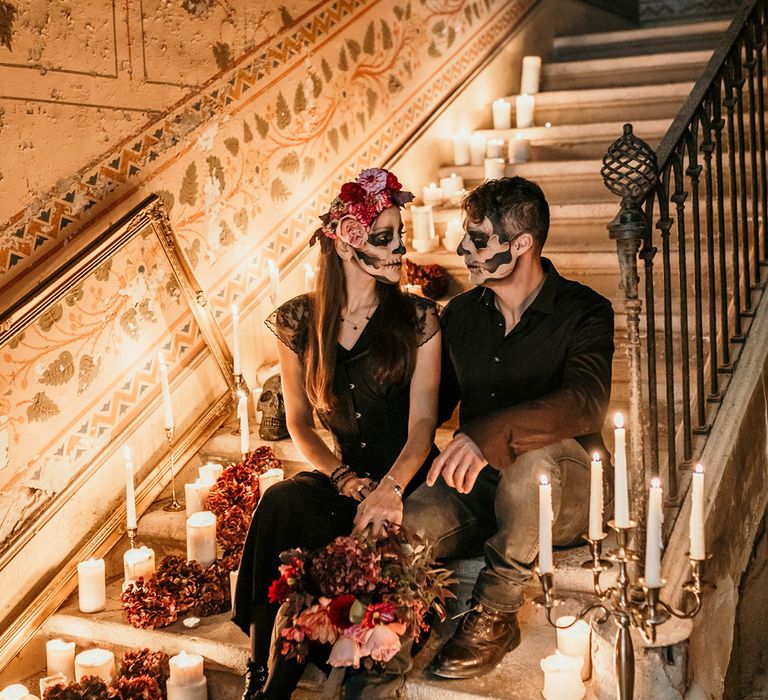 bride-and-groom-with-skull-facepaint-for-dia-de-los-muertos-wedding-inspiration