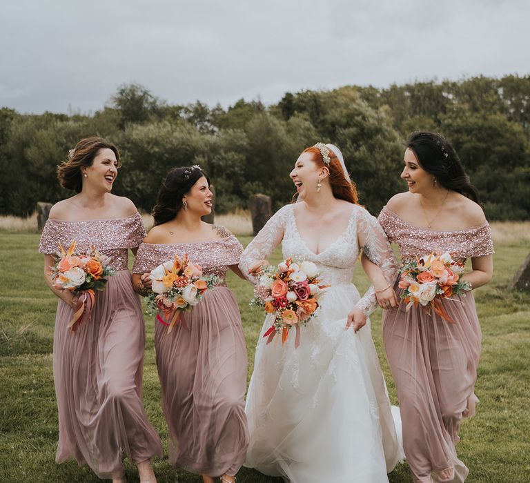 pink-off-the-shoulder-bridesmaid-dresses