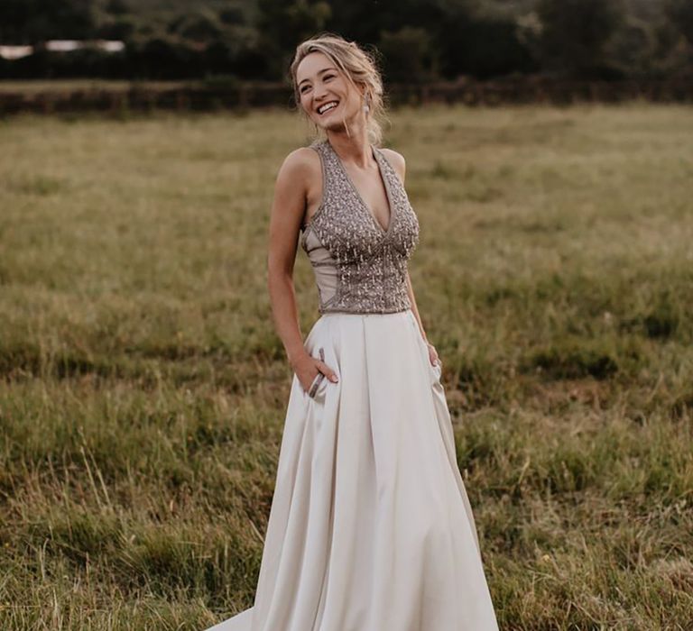 bride on field of grass for Irish county wedding