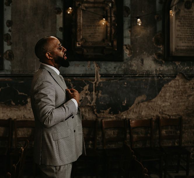 groom-in-grey-wedding-suit-and-sunglasses-at-asylum-chapel-wedding