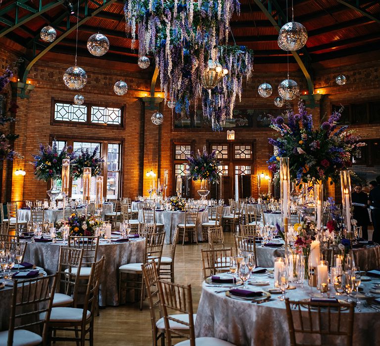 cafe-brauer-wedding-venue-with-disco-balls-and-jewel-tone-flowers