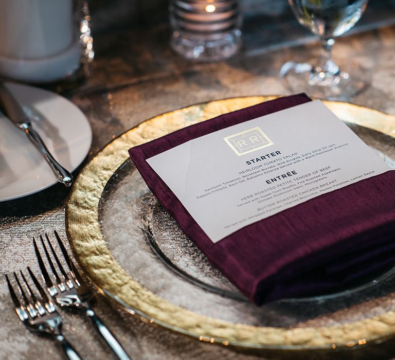 gold-charger-plates-with-wedding-menu-stationery