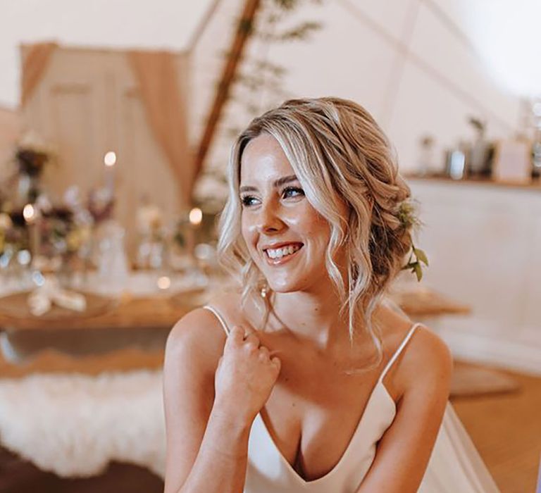 bride with natural glowy makeup and skincare on wedding day