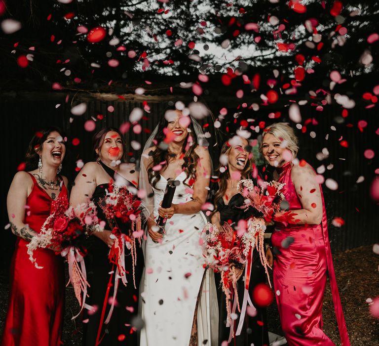 bridesmaids-in-pink-red-and-black-satin-bridesmaid-dresses