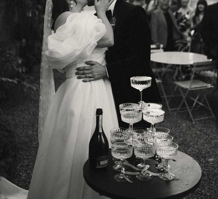 black-and-white-wedding-photo-with-prosecco-tower