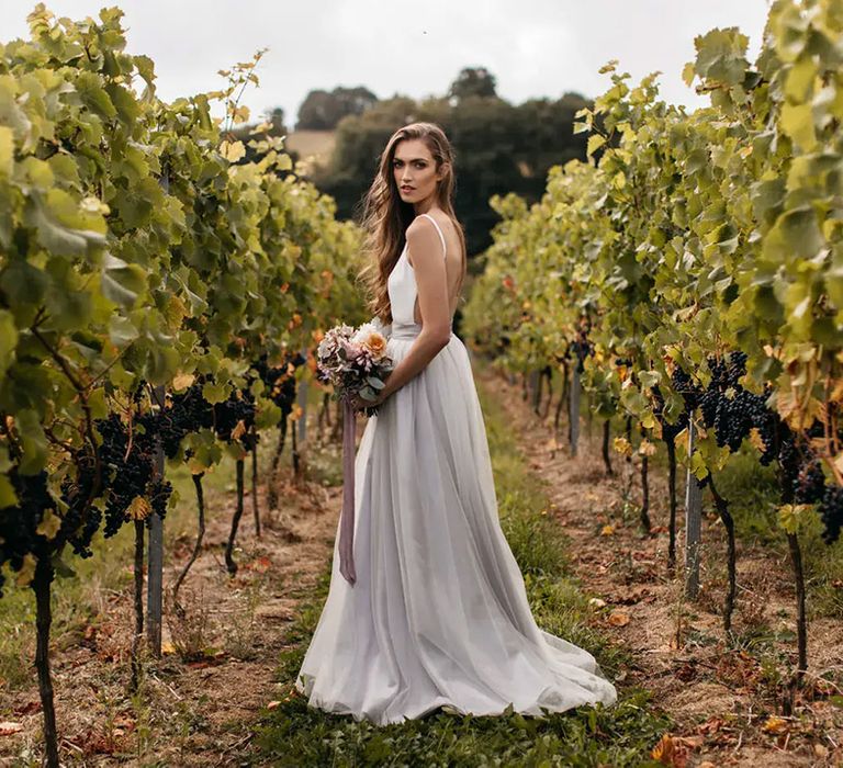 bride in venue vineyard at affordable wedding venue, brickhouse vineyard