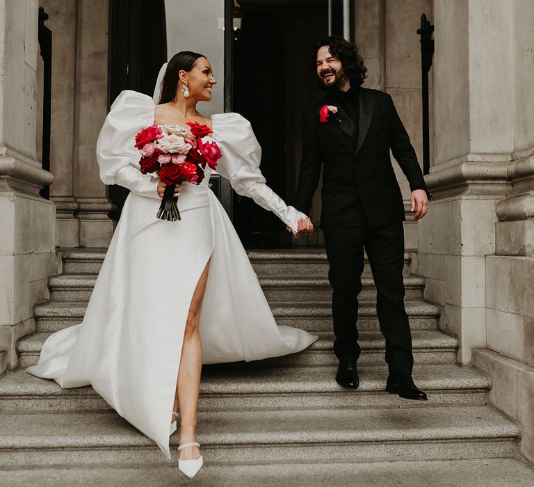 bride-in-puff-sleeve-wedding-dress-with-groom-at-dublin-city-wedding