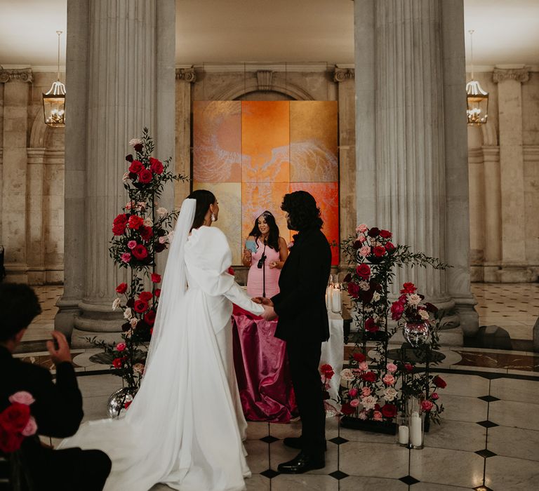 pink-flower-column-altar-decor-for-city-hall-wedding