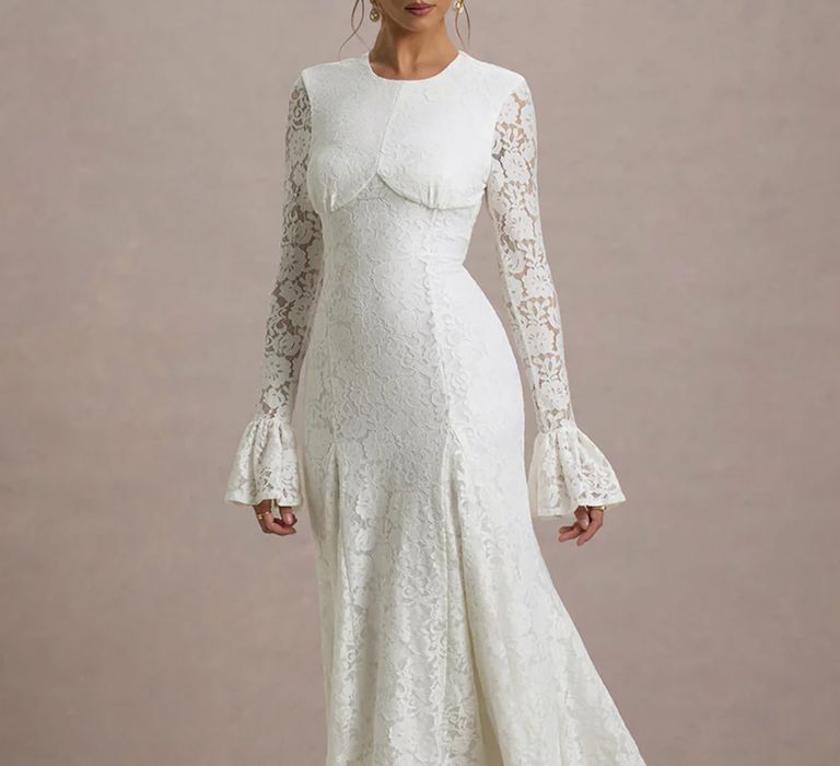 lace high street wedding dress from Club L in cream with long sleeves