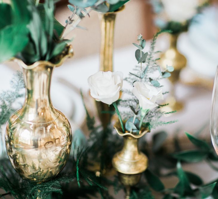 Elegant Place Setting With Gold Cutlery & Foliage Table Runner