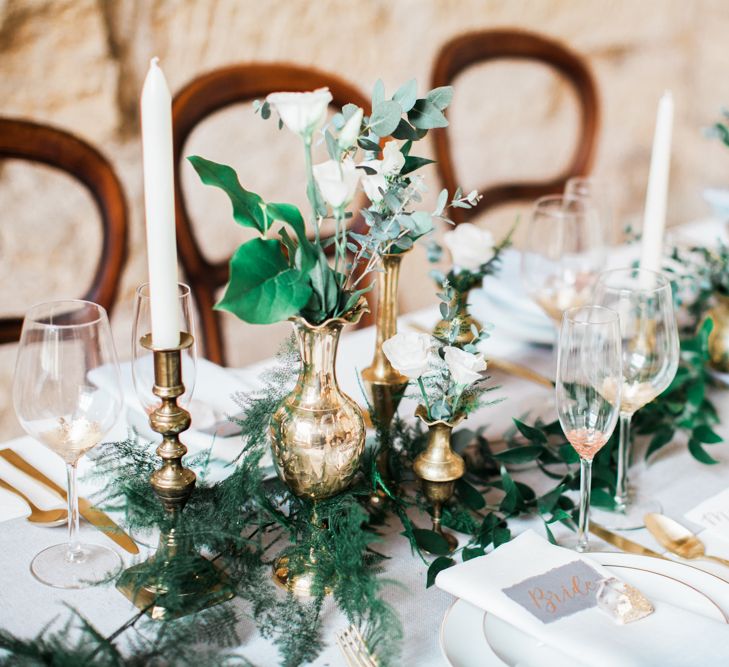 Elegant Place Setting With Gold Cutlery & Foliage Table Runner