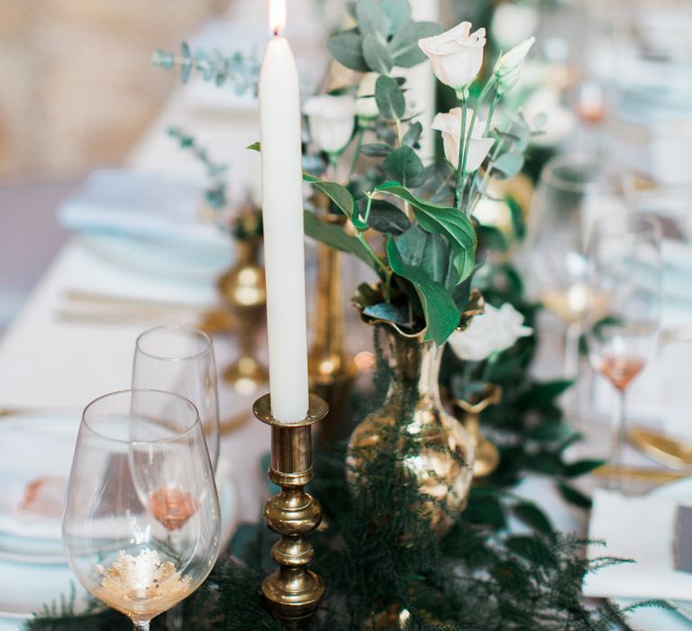 Elegant Place Setting With Gold Cutlery & Foliage Table Runner