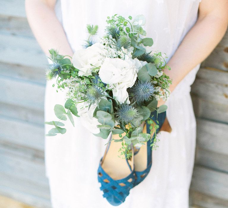 White & Greenery Bouquet & Blue Wedding Shoes