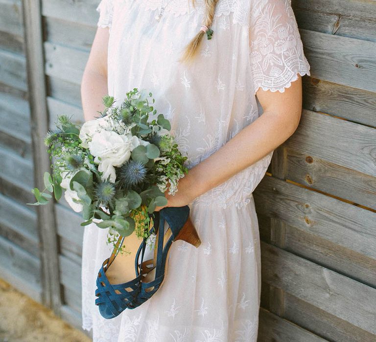 Bride in Short Lace Elodie Michaud Wedding Dress