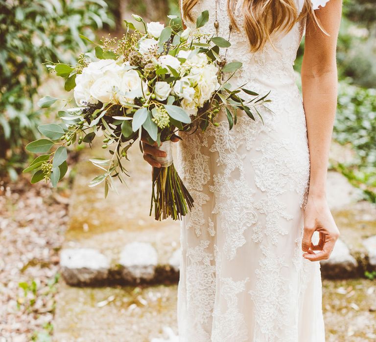 Lace Wedding Dress & White & Greenery Bouquet