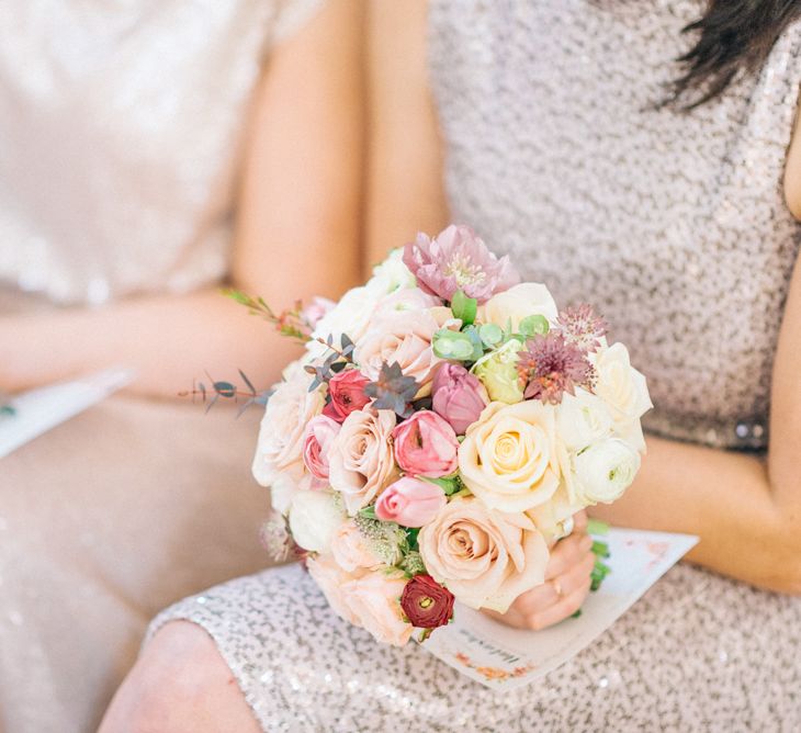 Gold Sequin Bridesmaid Dresses & Pink Bouquet