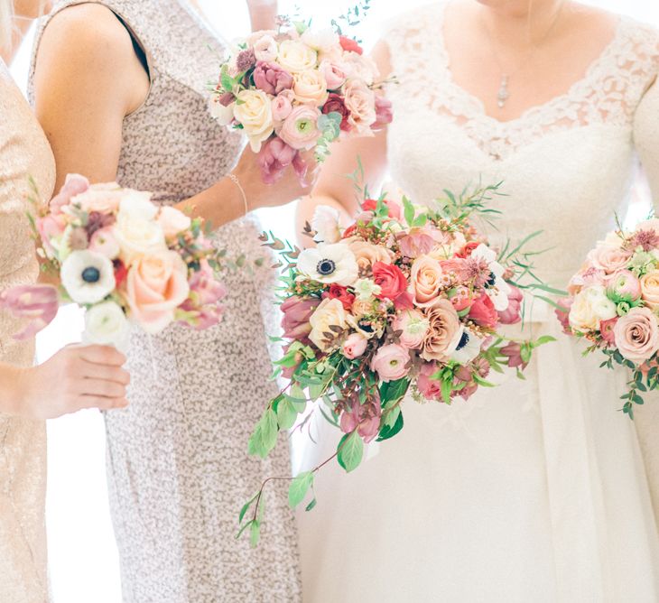 Gold Sequin Bridesmaid Dresses & Pink Bouquets