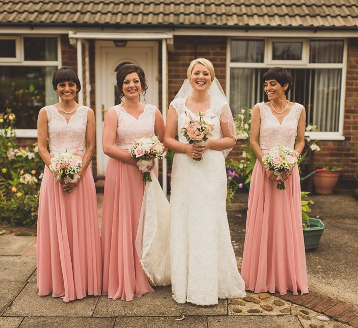 Bridesmaids in Pink & White After Six Dresses