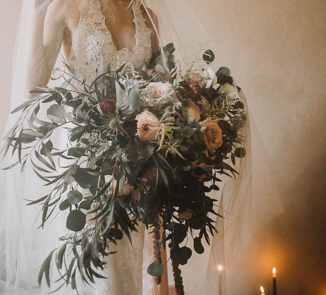 Bride With Large Pink & Marsala Wedding Bouquet