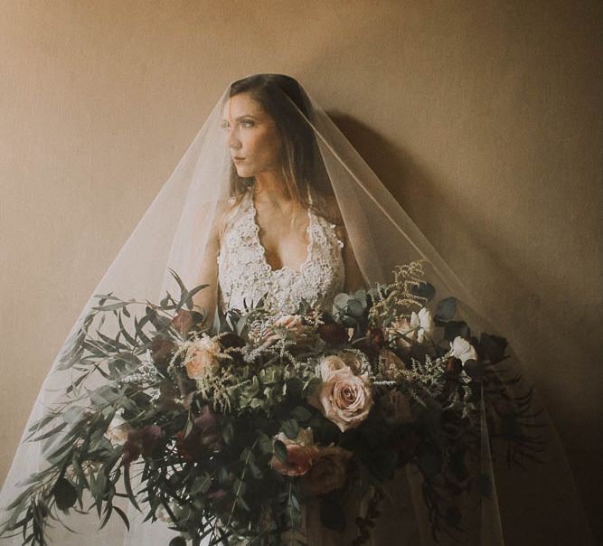 Bride With Large Pink & Marsala Wedding Bouquet