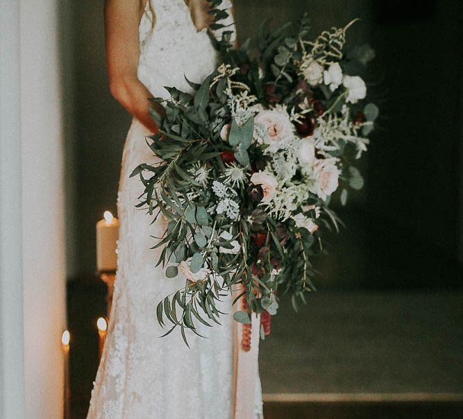 Bride With Large Pink & Marsala Wedding Bouquet