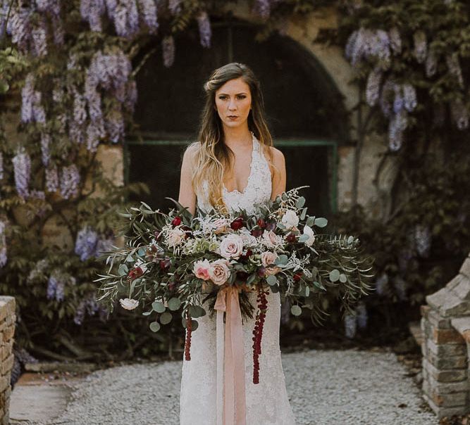 Bride With Large Pink & Marsala Wedding Bouquet