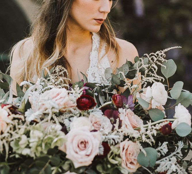 Bride With Large Pink & Marsala Wedding Bouquet