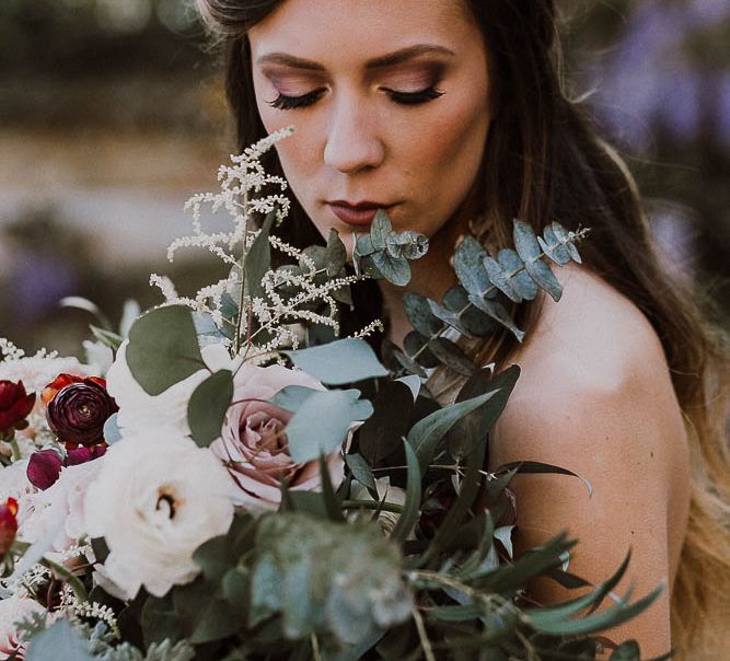 Bride With Large Pink & Marsala Wedding Bouquet