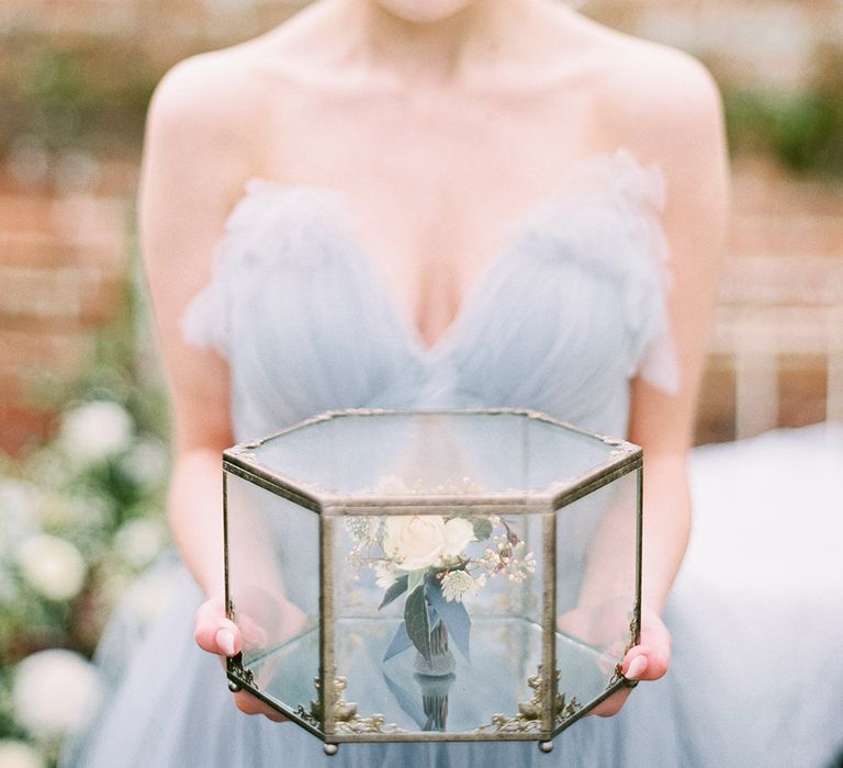 Antique Glass Box | Blue Tulle Wedding Dress | Dreamy Floral Fairytale Wedding Inspiration at Great Lodge in Essex | Kathryn Hopkins Fine Art Photography