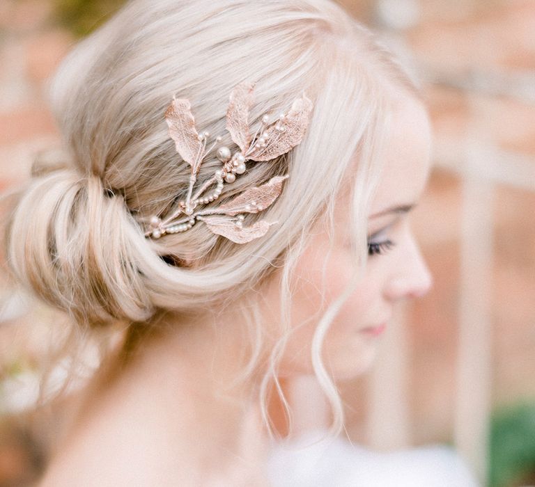 Chic Chignon Bridal Up Do & Hair Accessory | Dreamy Floral Fairytale Wedding Inspiration at Great Lodge in Essex | Kathryn Hopkins Fine Art Photography