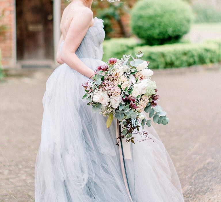 Blue Tulle Wedding Dress | Romantic Florals by Fallen Flower Design | Dreamy Floral Fairytale Wedding Inspiration at Great Lodge in Essex | Kathryn Hopkins Fine Art Photography