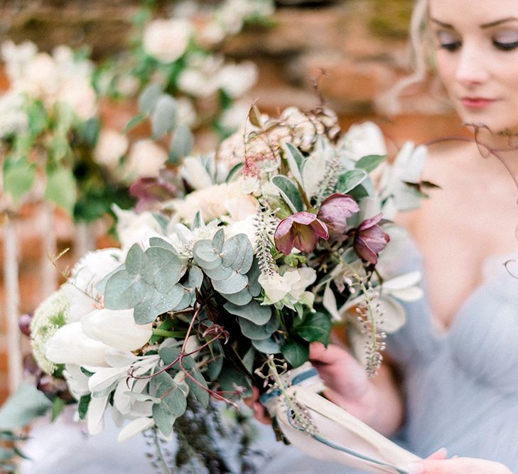 Blue Tulle Wedding Dress | Romantic Wedding Bouquet with Ribbons by Fallen Flower Design | Dreamy Floral Fairytale Wedding Inspiration at Great Lodge in Essex | Kathryn Hopkins Fine Art Photography