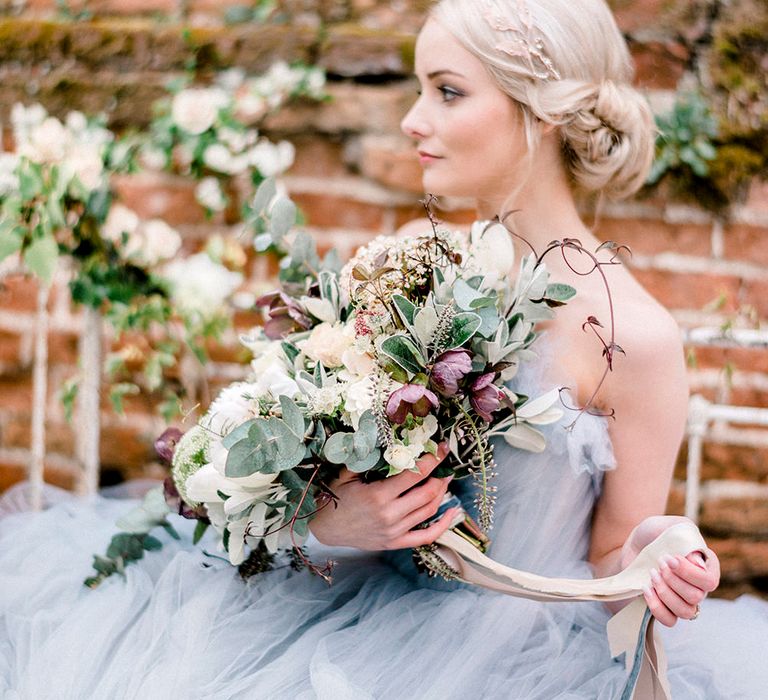 Blue Tulle Wedding Dress | Romantic Wedding Bouquet with Ribbons by Fallen Flower Design | Dreamy Floral Fairytale Wedding Inspiration at Great Lodge in Essex | Kathryn Hopkins Fine Art Photography