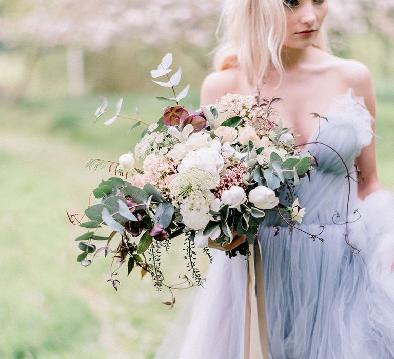 Blue Tulle Wedding Dress & Oversized Bridal Bouquet | Dreamy Bridal Inspiration at Great Lodge in Essex | Kathryn Hopkins Fine Art Photography