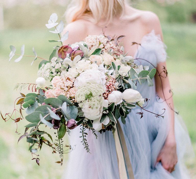 Blue Tulle Wedding Dress & Organic Bouquet with Ribbons | Dreamy Bridal Inspiration at Great Lodge in Essex | Kathryn Hopkins Fine Art Photography