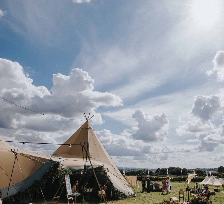 Abbi From Save The Date Magazine Gets Married Wearing Margaux Taridts & Grace Loves Lace Outdoor Festival Wedding With Tipis, Bell Tent Camping & Festoon Lights