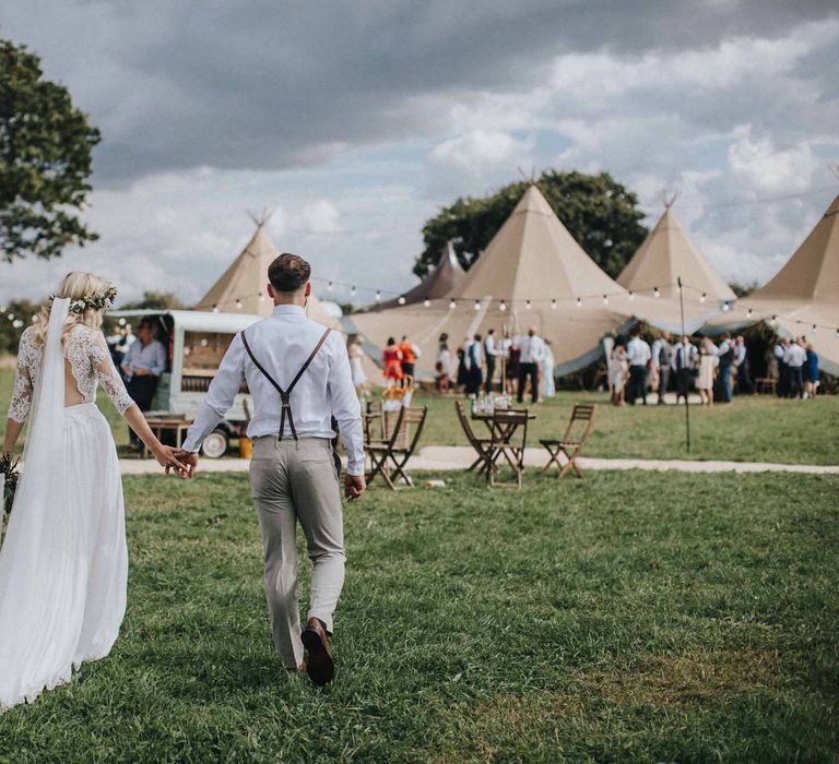 Abbi From Save The Date Magazine Gets Married Wearing Margaux Taridts & Grace Loves Lace Outdoor Festival Wedding With Tipis, Bell Tent Camping & Festoon Lights