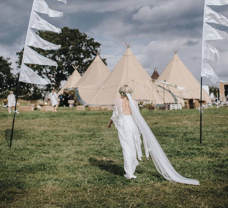 Abbi From Save The Date Magazine Gets Married Wearing Margaux Taridts & Grace Loves Lace Outdoor Festival Wedding With Tipis, Bell Tent Camping & Festoon Lights