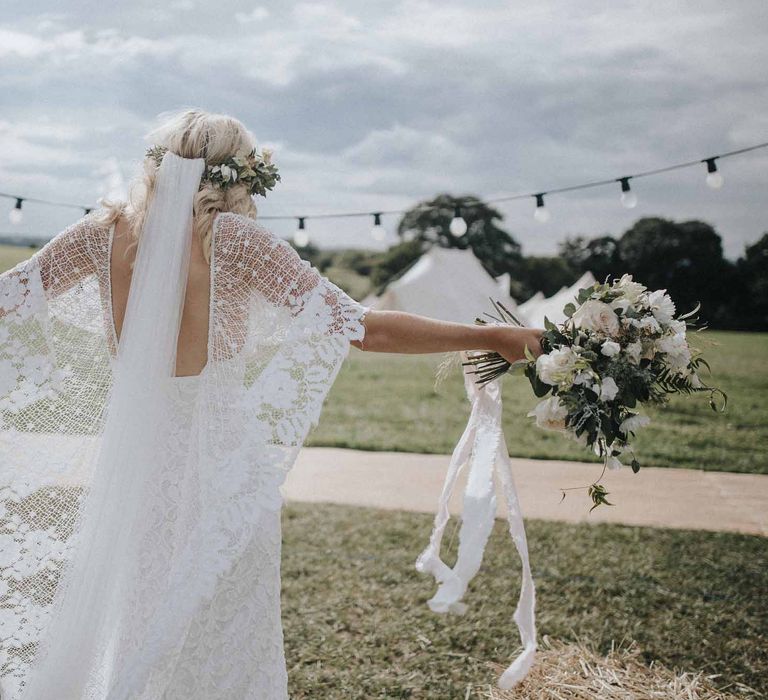 Abbi From Save The Date Magazine Gets Married Wearing Margaux Taridts & Grace Loves Lace Outdoor Festival Wedding With Tipis, Bell Tent Camping & Festoon Lights