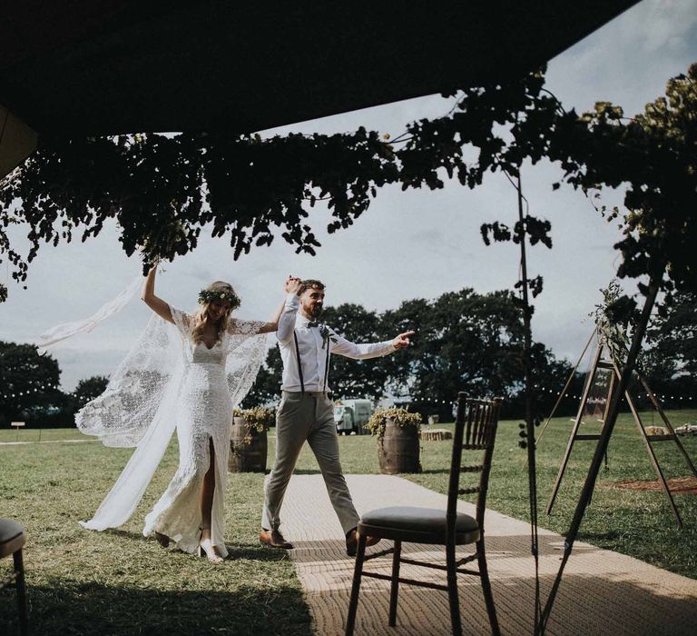 Abbi From Save The Date Magazine Gets Married Wearing Margaux Taridts & Grace Loves Lace Outdoor Festival Wedding With Tipis, Bell Tent Camping & Festoon Lights