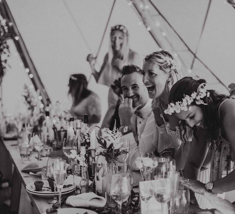 Abbi From Save The Date Magazine Gets Married Wearing Margaux Taridts & Grace Loves Lace Outdoor Festival Wedding With Tipis, Bell Tent Camping & Festoon Lights