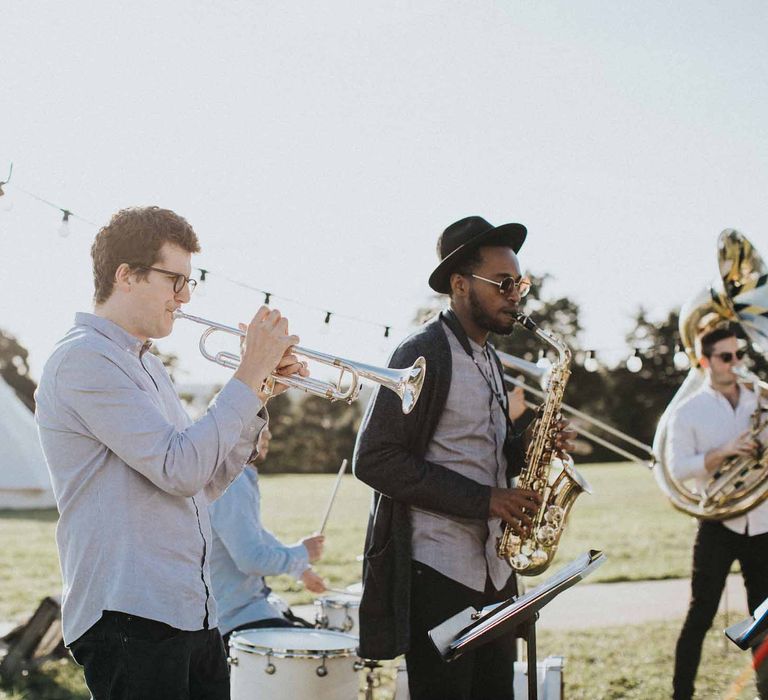 Abbi From Save The Date Magazine Gets Married Wearing Margaux Taridts & Grace Loves Lace Outdoor Festival Wedding With Tipis, Bell Tent Camping & Festoon Lights