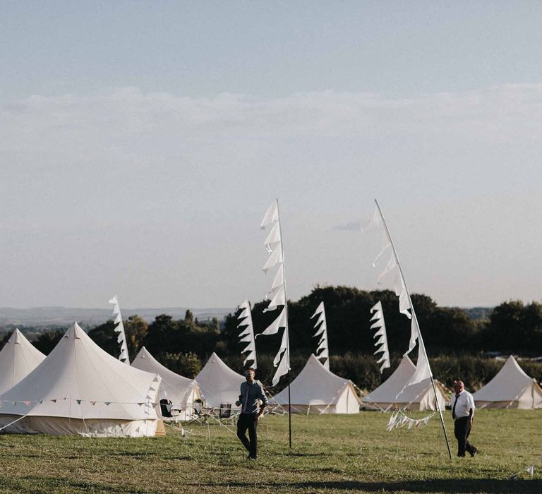 Abbi From Save The Date Magazine Gets Married Wearing Margaux Taridts & Grace Loves Lace Outdoor Festival Wedding With Tipis, Bell Tent Camping & Festoon Lights