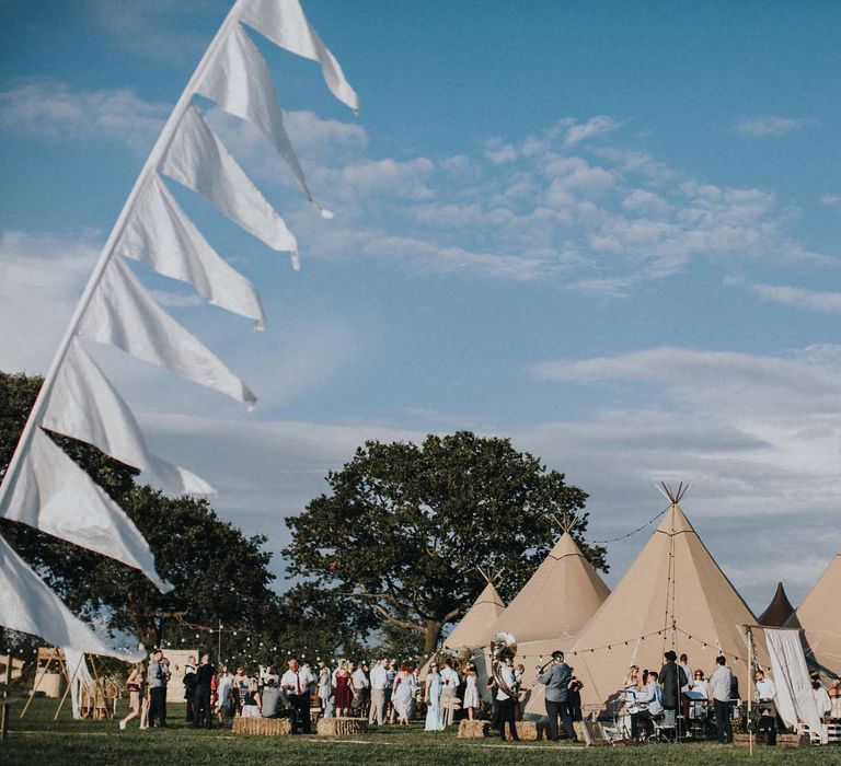 Abbi From Save The Date Magazine Gets Married Wearing Margaux Taridts & Grace Loves Lace Outdoor Festival Wedding With Tipis, Bell Tent Camping & Festoon Lights