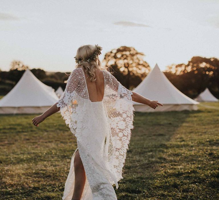 Abbi From Save The Date Magazine Gets Married Wearing Margaux Taridts & Grace Loves Lace Outdoor Festival Wedding With Tipis, Bell Tent Camping & Festoon Lights