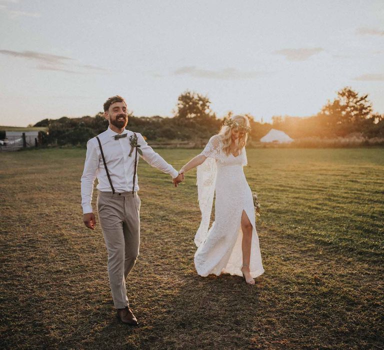 Abbi From Save The Date Magazine Gets Married Wearing Margaux Taridts & Grace Loves Lace Outdoor Festival Wedding With Tipis, Bell Tent Camping & Festoon Lights