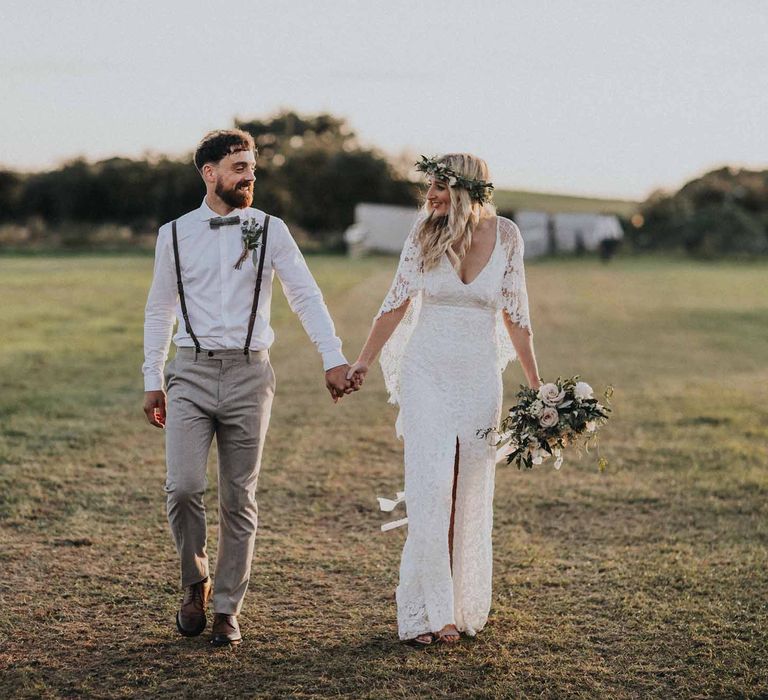 Abbi From Save The Date Magazine Gets Married Wearing Margaux Taridts & Grace Loves Lace Outdoor Festival Wedding With Tipis, Bell Tent Camping & Festoon Lights