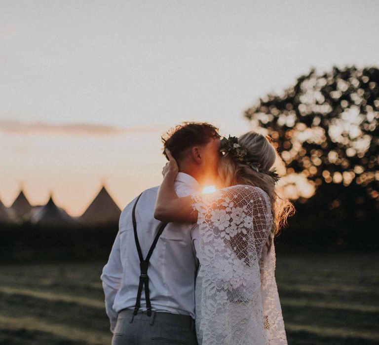 Abbi From Save The Date Magazine Gets Married Wearing Margaux Taridts & Grace Loves Lace Outdoor Festival Wedding With Tipis, Bell Tent Camping & Festoon Lights