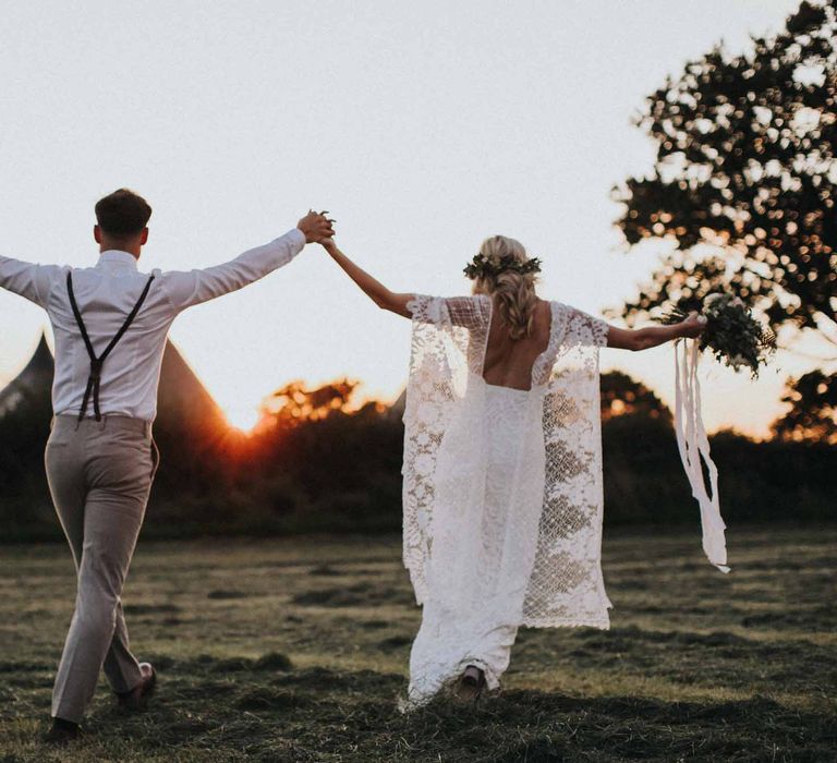 Abbi From Save The Date Magazine Gets Married Wearing Margaux Taridts & Grace Loves Lace Outdoor Festival Wedding With Tipis, Bell Tent Camping & Festoon Lights