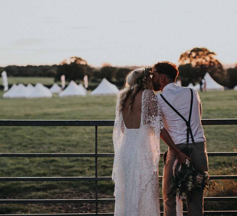 Abbi From Save The Date Magazine Gets Married Wearing Margaux Taridts & Grace Loves Lace Outdoor Festival Wedding With Tipis, Bell Tent Camping & Festoon Lights